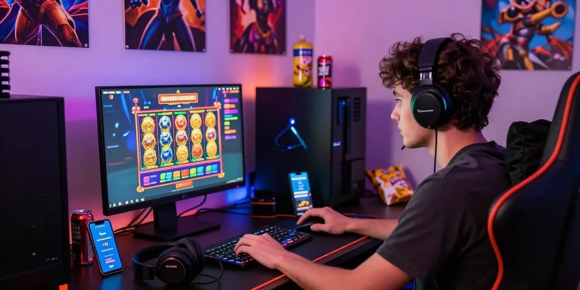 Gaming setup illustrating deposit pulsa tanpa potongan with vibrant slot game on screen and energetic atmosphere.