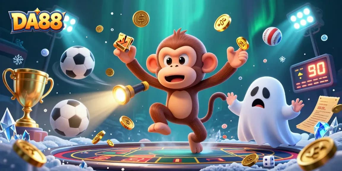 Engage with DA88’s thrilling bets as golden coins and sports balls fill a haunted casino scene.