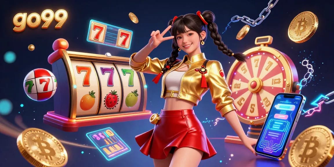 Engage with go99's colorful casino experience featuring thriving slot symbols and vibrant neon effects.