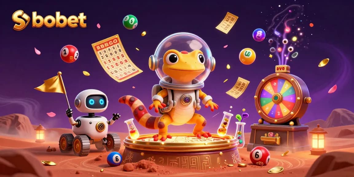 SBOBET brings excitement to online gaming with a vibrant alien-themed casino illustration featuring a Martian gecko.