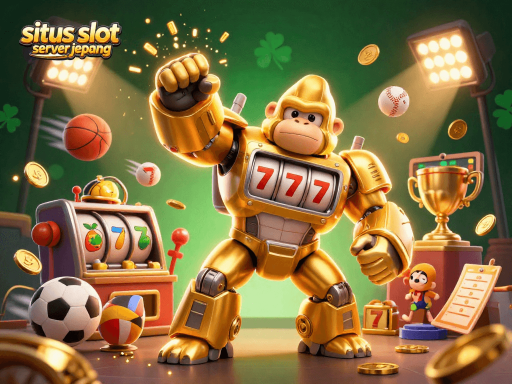 Experience the thrill of situs slot server jepang with a dynamic scene featuring a golden gorilla mech and explosive winning elements.