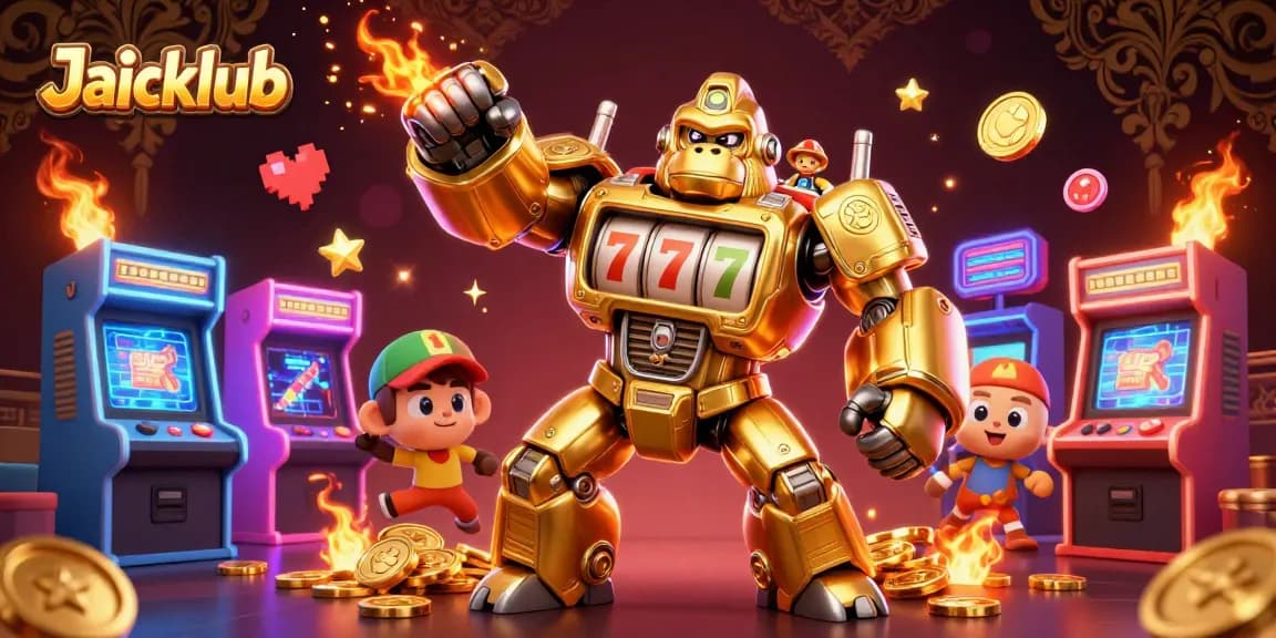Jaiclub gaming action featuring a golden gorilla mech with slot machine parts amidst arcade game elements.