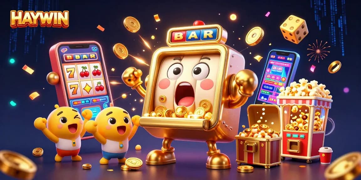 HAYWIN slot machine celebrates a jackpot victory, surrounded by cheering companions and coins raining down.