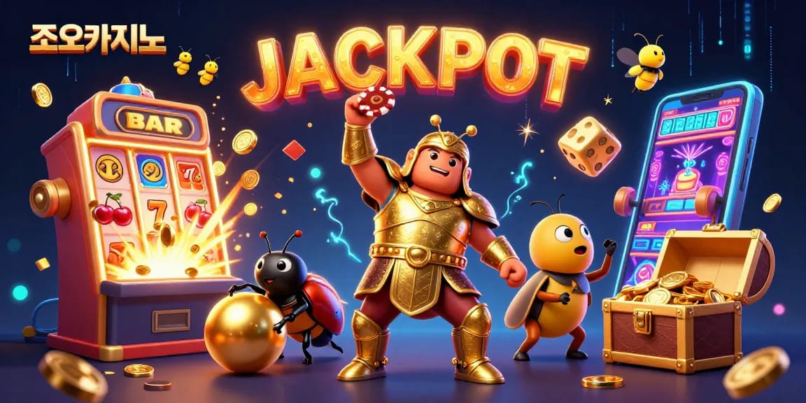 Experience the excitement of 조이카지노 as a Hercules beetle lifts a poker chip amidst a jackpot explosion of casino symbols.