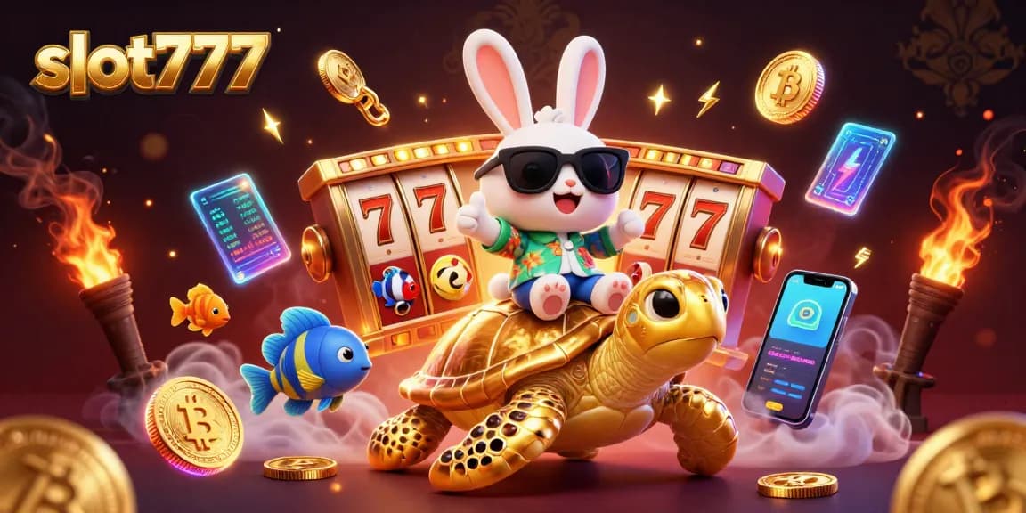 Spin the reels and win big at slot777 in this vibrant illustration showcasing a lucky rabbit and golden turtle!