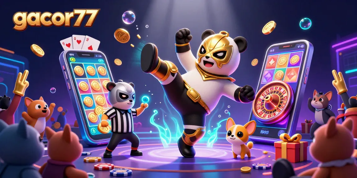 Gacor77 menghadirkan aksi seru dengan panda pegulat terbang dalam kick, penuh semangat permainan slot.