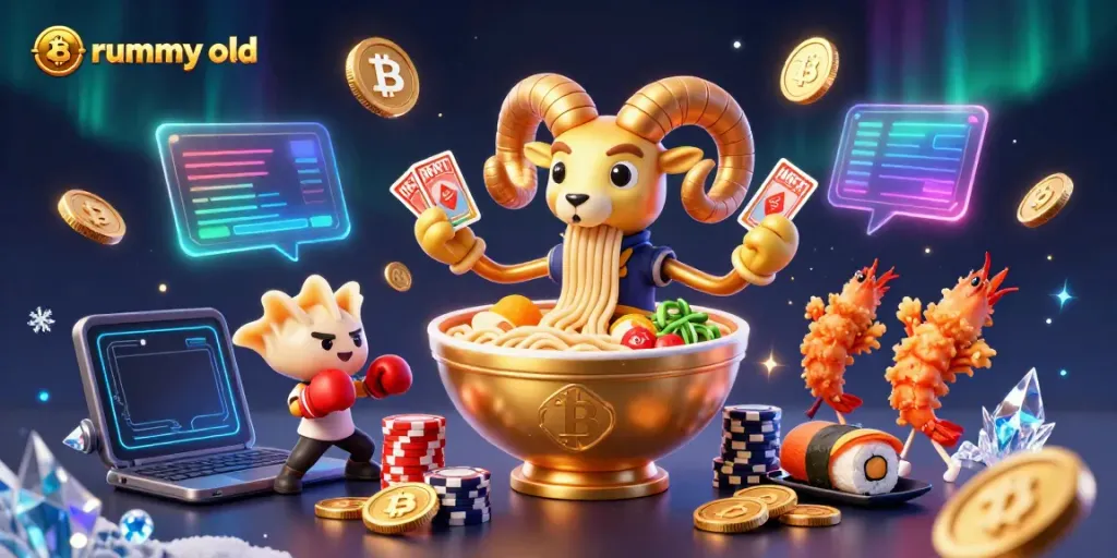 Permainan kartu digital Rummy Old dengan karakter menarik, koin Bitcoin dan Ethereum, suasana ceria.