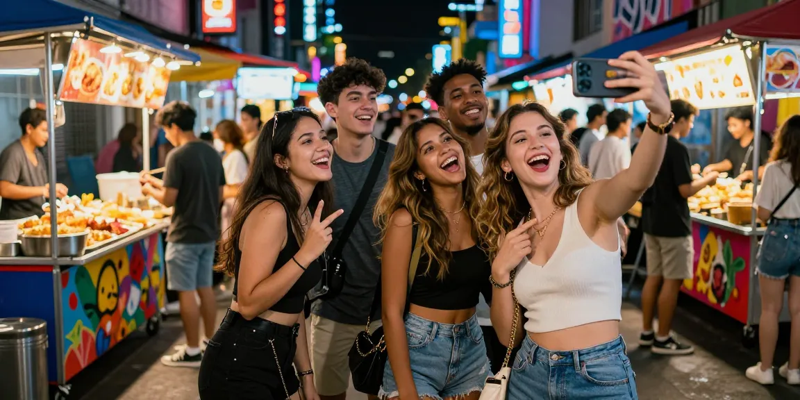 Nhóm bạn trẻ vui vẻ trải nghiệm cuộc sống đêm sôi động ở thành phố với ánh đèn neon, thể hiện sự hứng khởi của gái gọi.