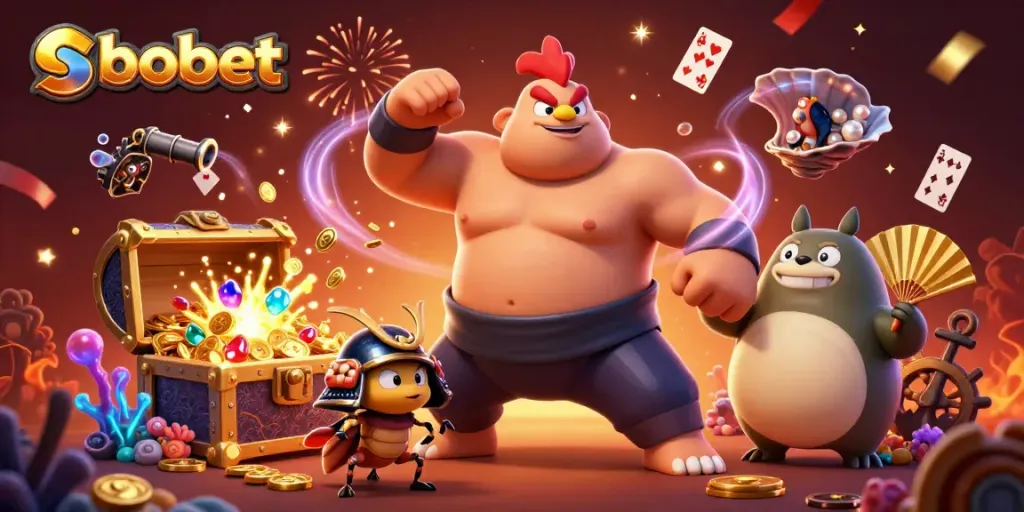 SboBet sports betting illustration with sumo rooster, samurai cricket, and golden treasure in a vibrant scene.