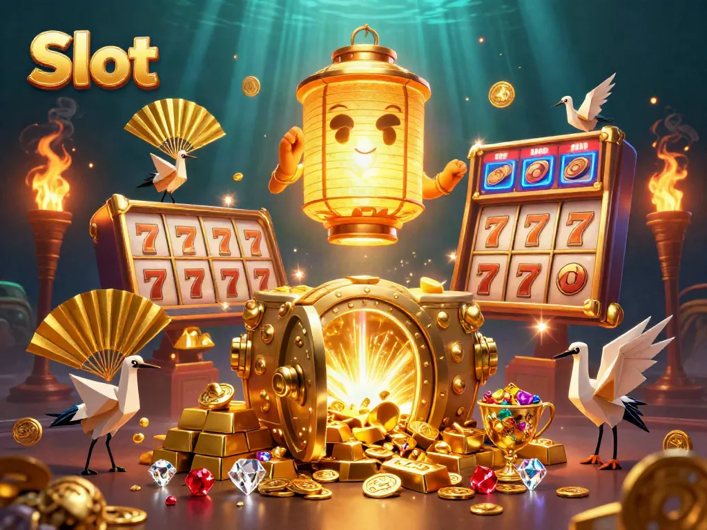 Menangkan slot dengan grafis kasino yang berkilau dan karakter berwarna-warni dalam ilustrasi 3D.