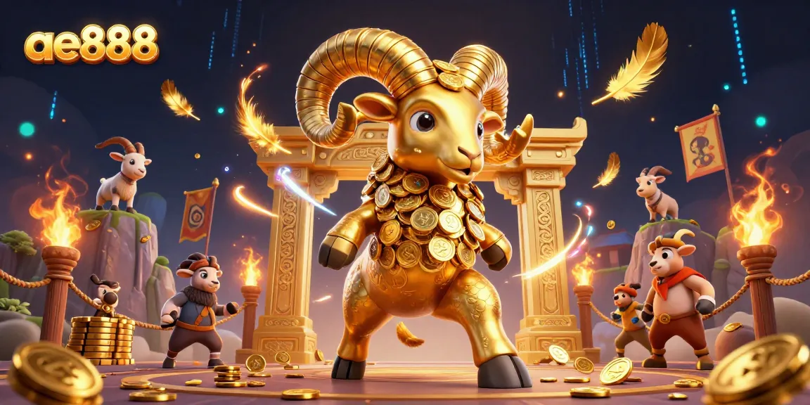 A vibrant scene representing ae888 with a golden ram charging at a casino theme gate, surrounded by coins and festive graphics