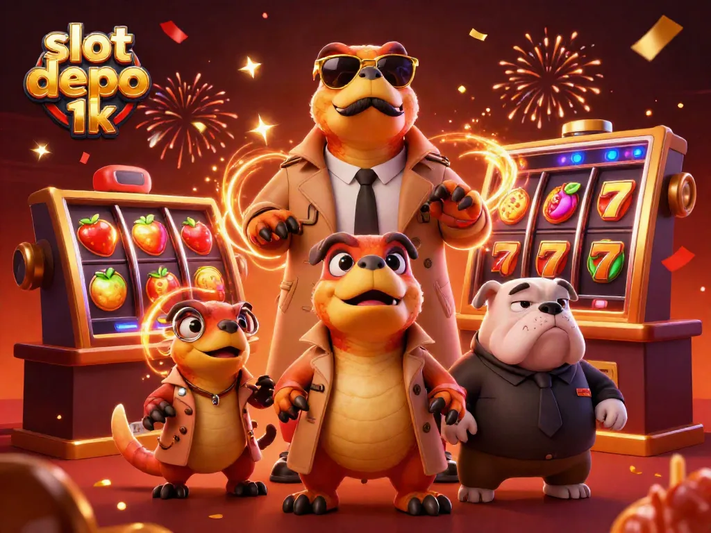 Join the fun at slot depo 1k with cartoon raptors entering a VIP casino lounge.