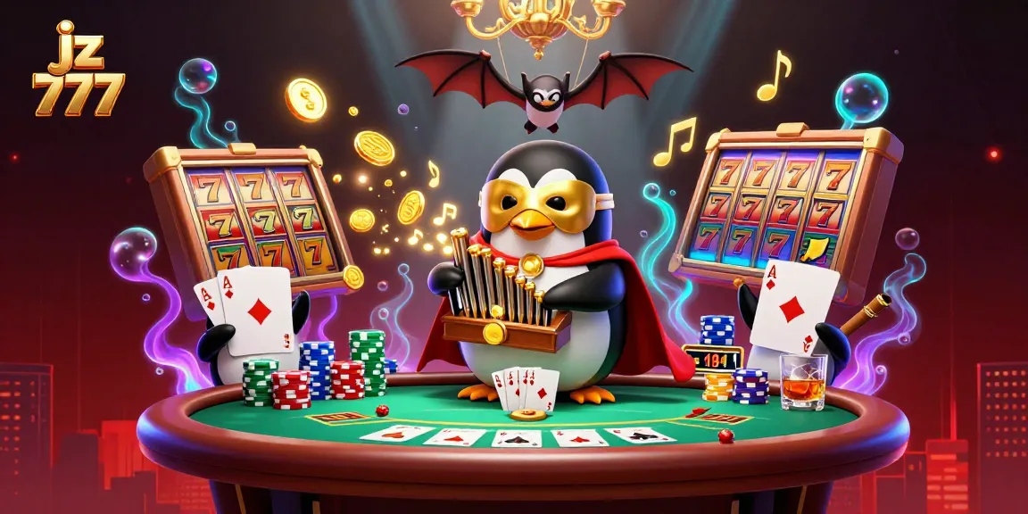 Experience the thrilling jz 777 action with a penguin playing an organ of golden coins amidst vibrant slot reels.