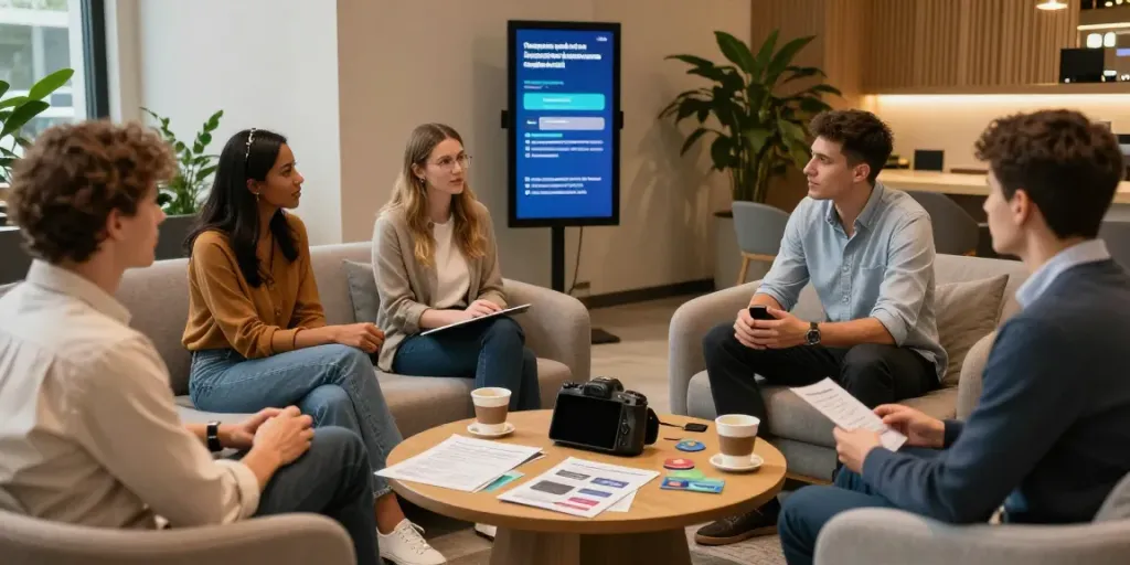 Group discussing Operatoriu Gidas LT in a cozy lounge, promoting responsible gaming awareness.
