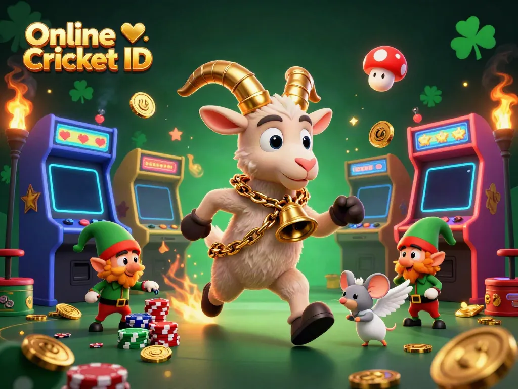 Experience thrilling Online Cricket ID action in a vibrant 3D illustration of a festive casino scene.