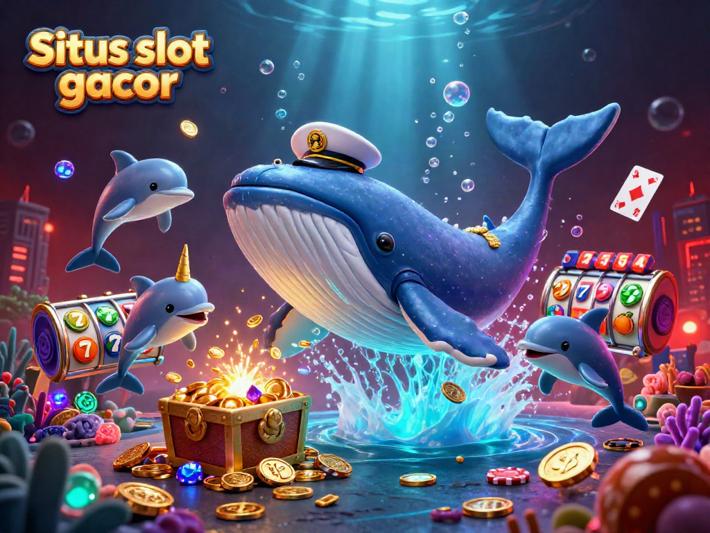 Situs slot gacor celebrates jackpots with a whale captain, a golden narwhal, and dolphins among vibrant slot symbols.