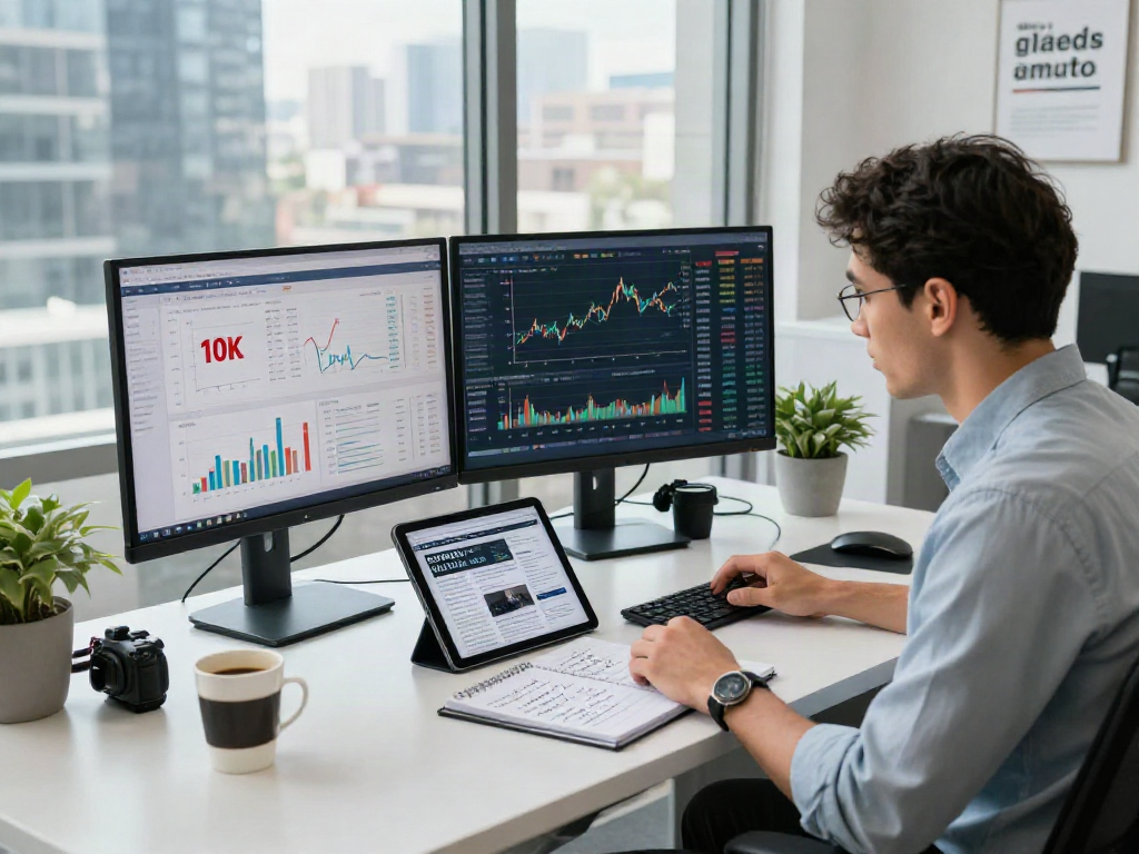 Business analyst reviewing data on depo 10k investments in a modern office