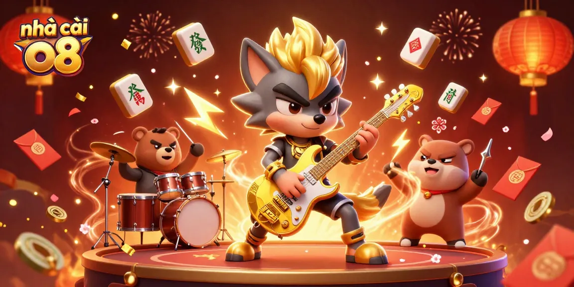 Bettors engage with nhà cái o8 in vibrant, lively casino atmosphere with a cartoon wolf and bear.