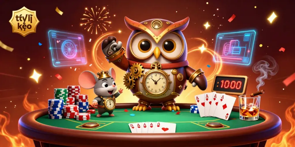 Experience the excitement of tỷ lệ kèo with a whimsical 3D owl and steampunk elements in a Victorian casino setting.