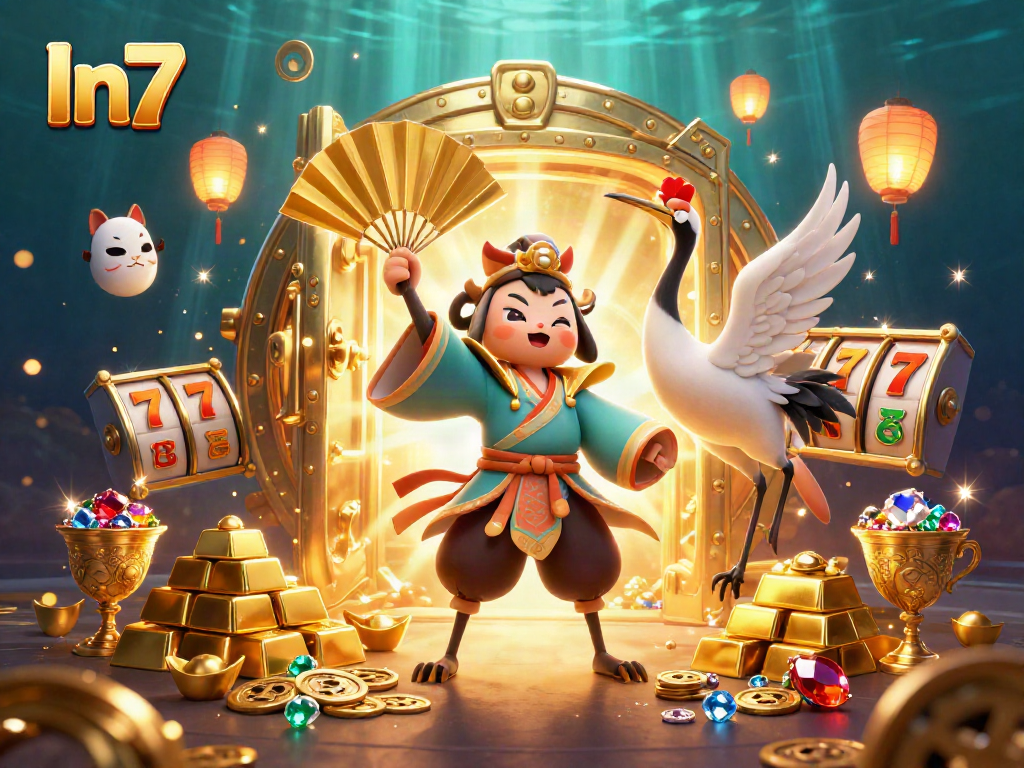 Play slots and win with In7 at this vibrant online casino, featuring kabuki warrior and golden treasures.