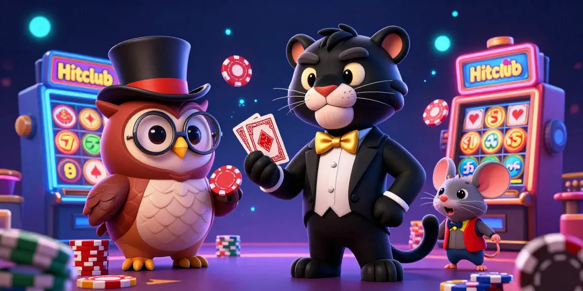 Hitclub showcases a stylish black panther dealing cards in a vibrant casino environment filled with slot machines and neon lights.