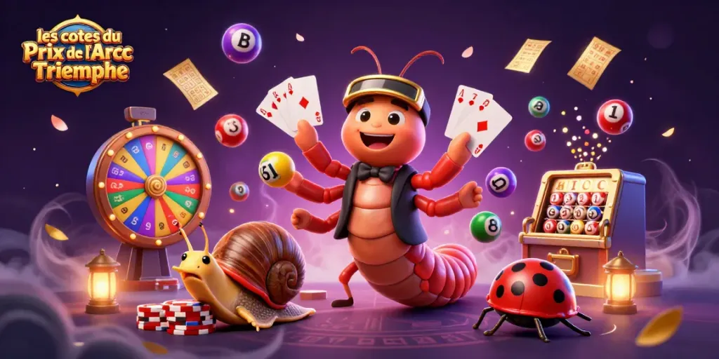 Exciting scene illustrating les cotes du Prix de l'Arc de Triomphe with colorful lottery elements and animated characters.