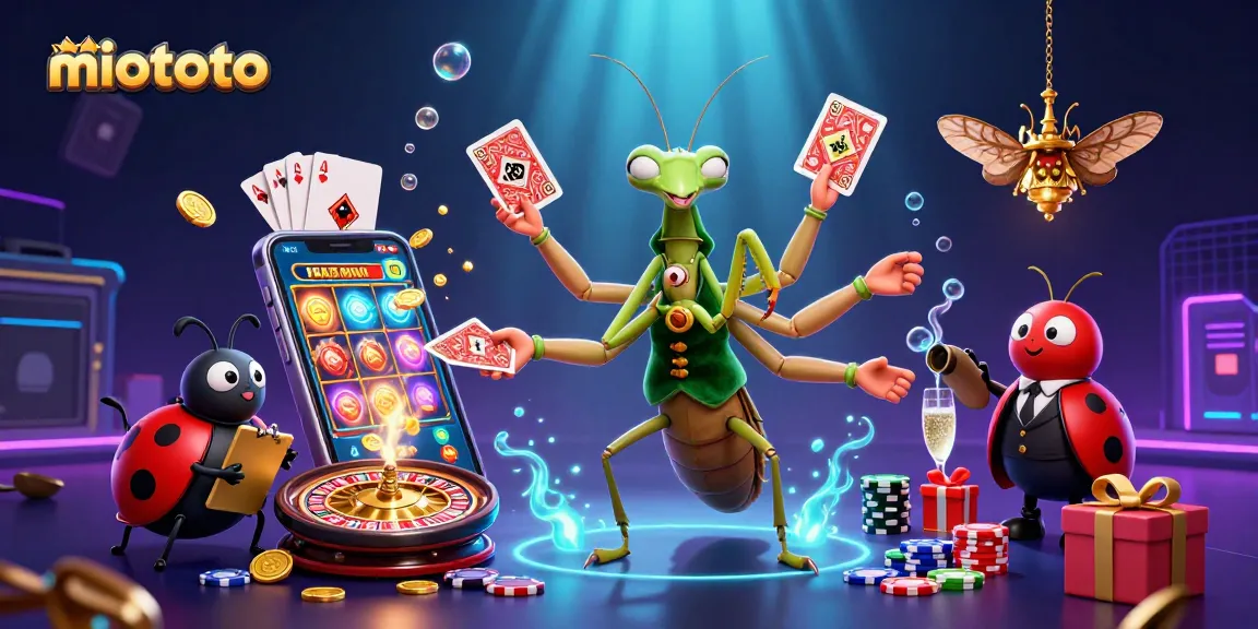 Engage with miototo's vibrant casino scene featuring a giant mantis dealer and a ladybug pit boss.