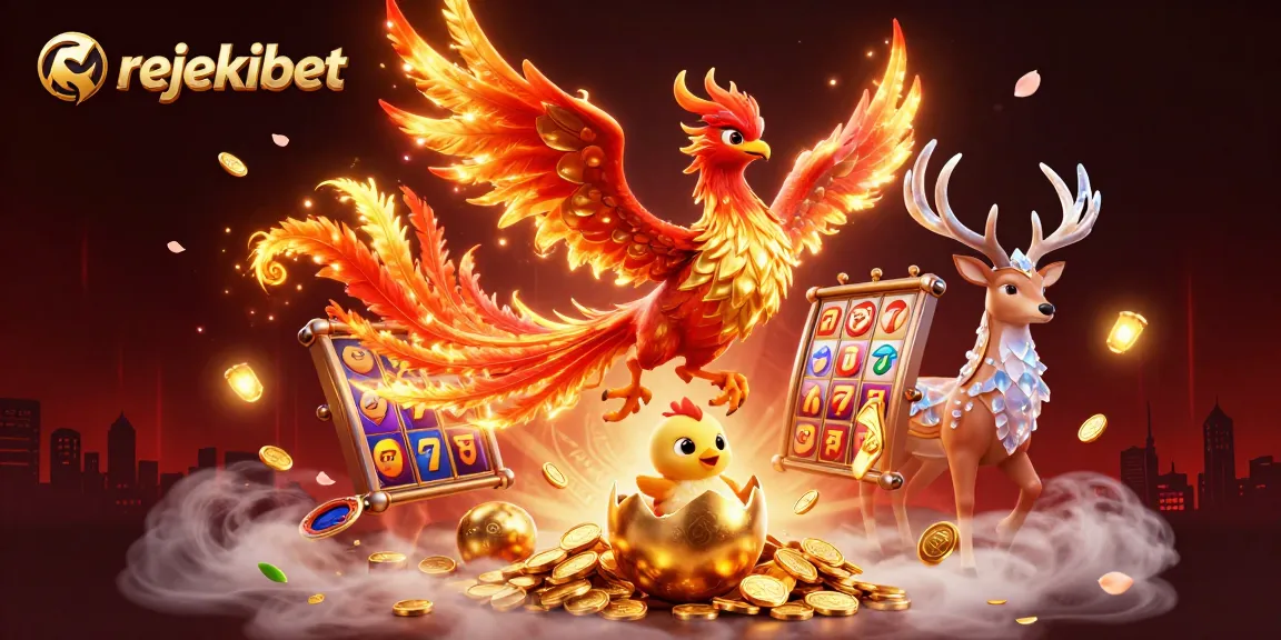 Experience thrilling wins with rejekibet, featuring slots and a phoenix in a vibrant casino scene.