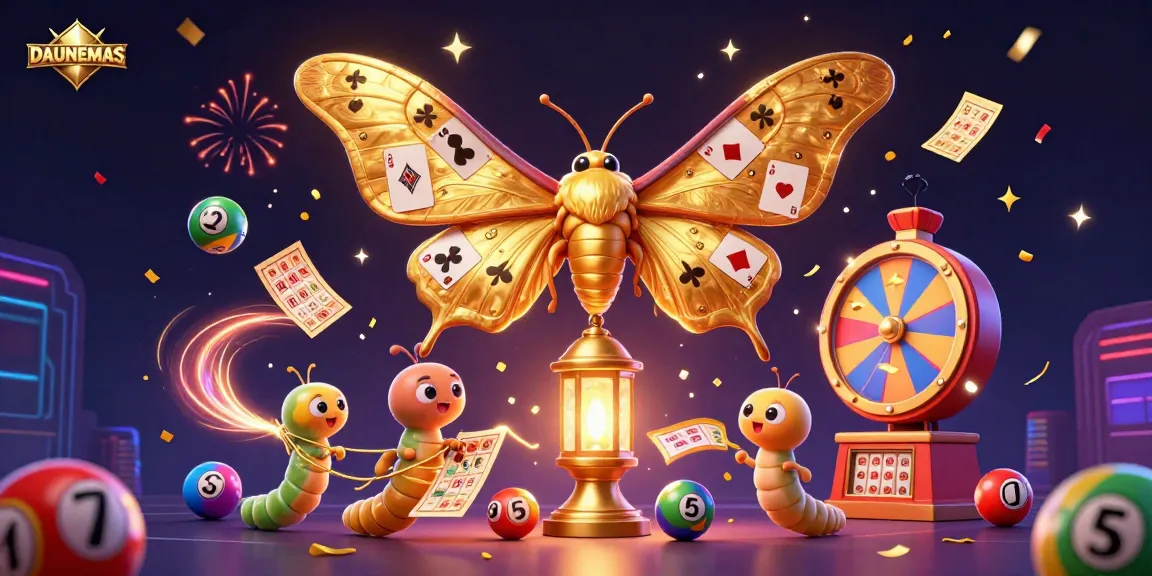 DAUNEMAS showcases a vibrant casino scene with a golden atlas moth, lottery elements, and festive confetti.