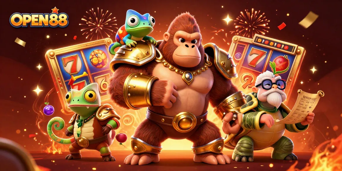 Engage with OPEN88's thrilling casino adventure featuring a gorilla king, chameleon, and tortoise!