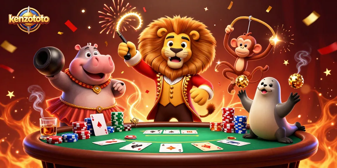 Kenzototo features a vibrant casino scene with a ringmaster lion and playful characters celebrating with poker elements.