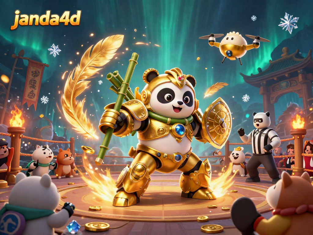 Janda4d menghadirkan arena pertarungan dengan panda emas dan robot bambu, beraksi dengan dekorasi kaya.