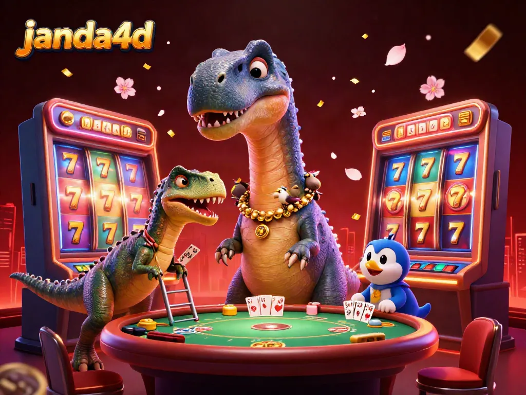 Janda4D menampilkan ilustrasi 3D luar biasa dengan brontosaurus yang mengamati permainan slot di kasino berwarna cerah.