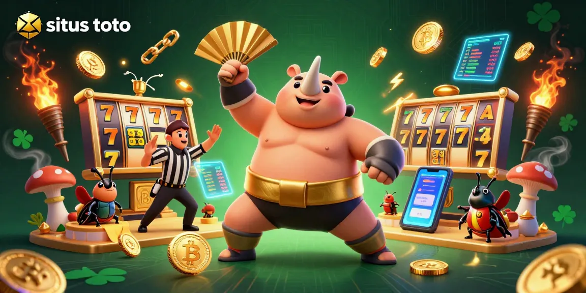 Experience exciting situs toto gameplay with a sumo beetle champion sending coins flying in a vibrant casino scene.