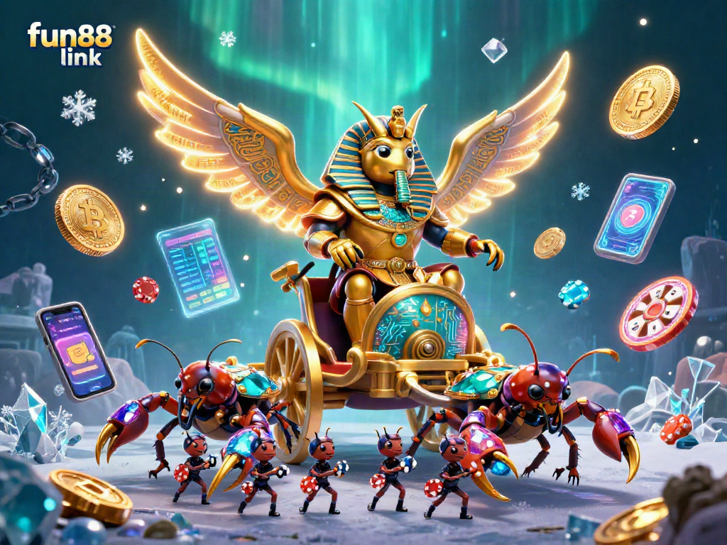 Engage with the fun88 link in this vibrant casino scene filled with slot machines and crypto elements.