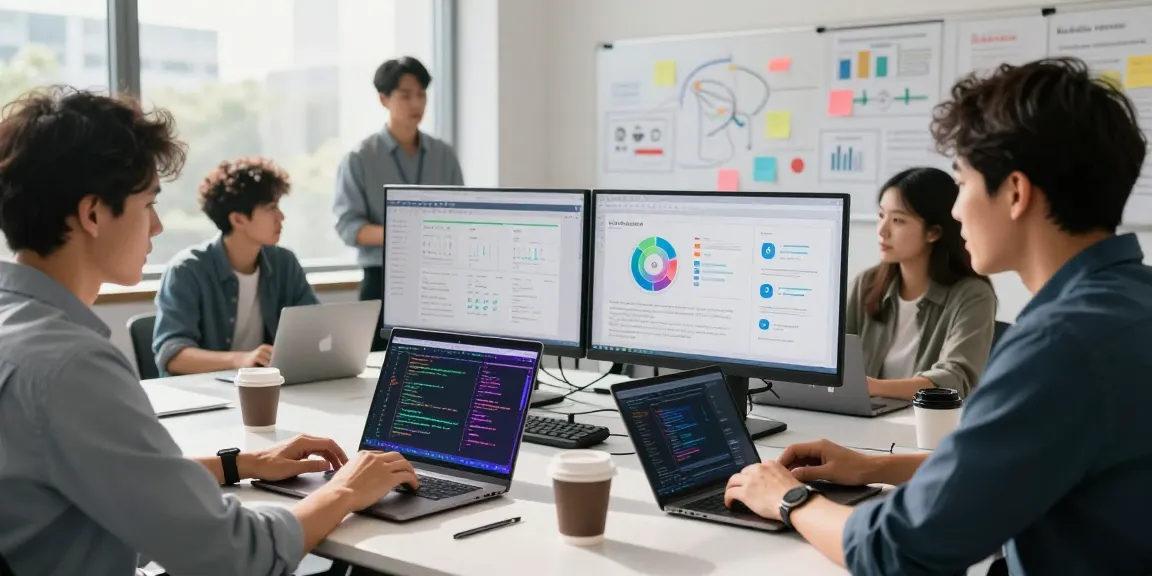 Developers collaborating on AI tools 2026 in a modern tech workspace, showcasing laptops and ideas on a whiteboard.