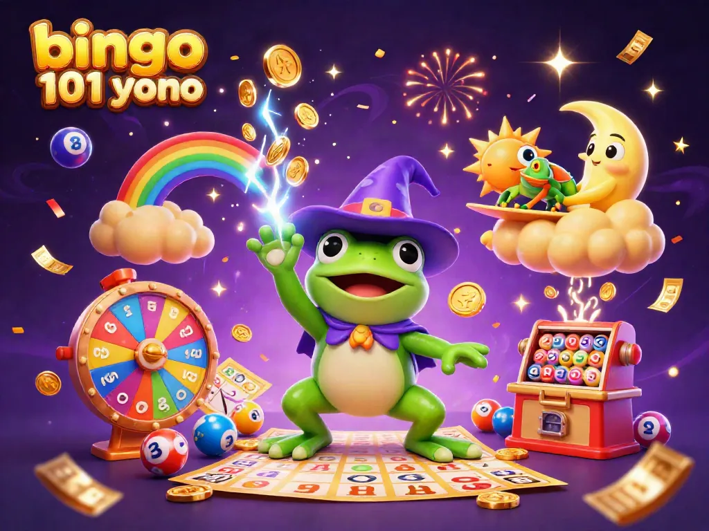 Engage in Bingo 101 Yono with vibrant lottery elements and dynamic characters celebrating a gaming atmosphere