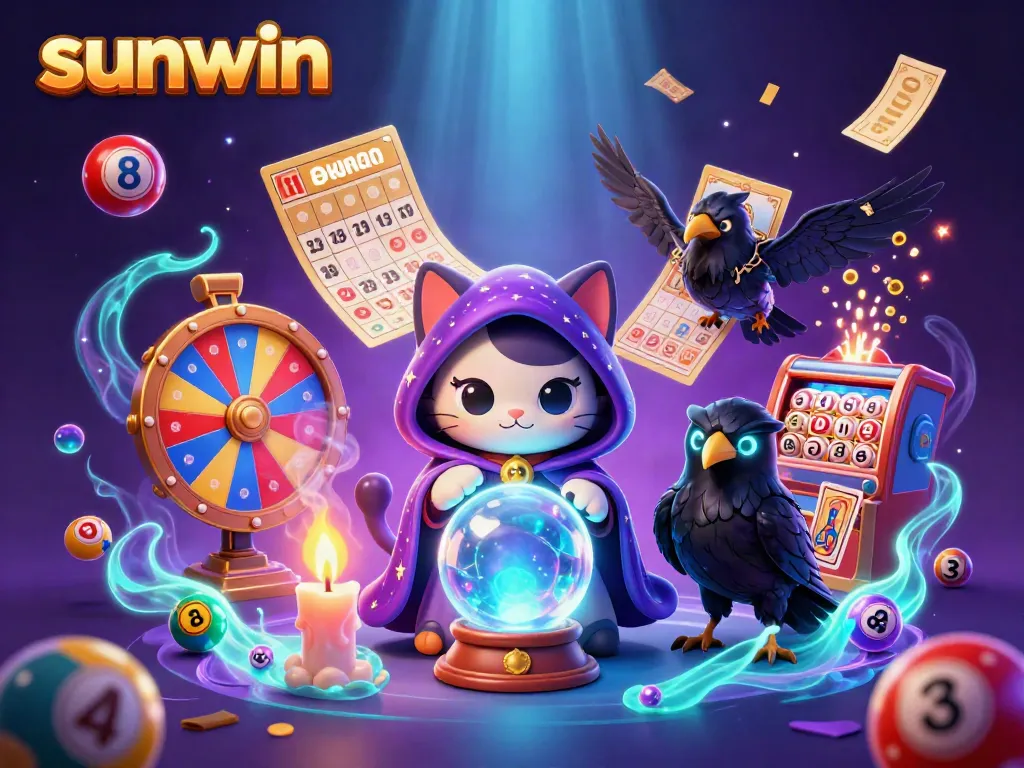 Play casino games with sunwin, featuring a fortune teller cat, glowing raven, and vibrant game elements.
