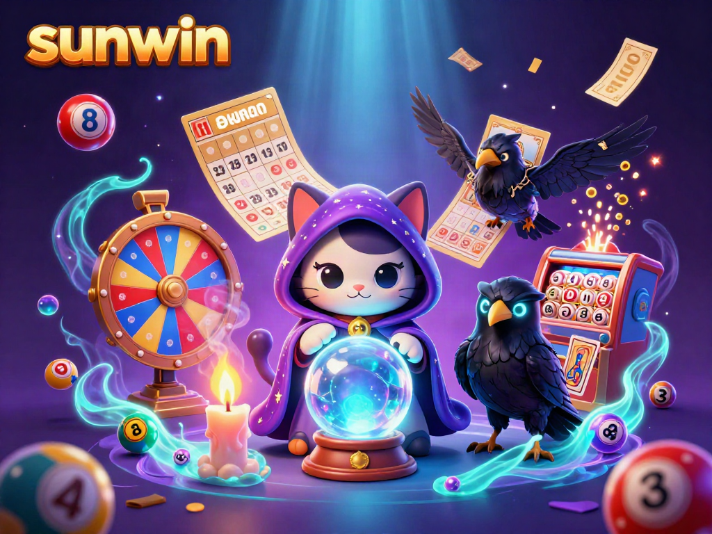 Play casino games with sunwin, featuring a fortune teller cat, glowing raven, and vibrant game elements.