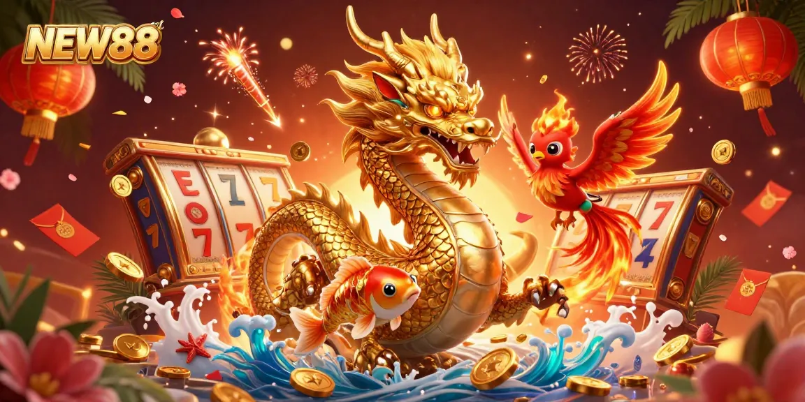 Experience exciting gaming at NEW88 with a fierce dragon, phoenix, and koi fish amidst slots and festive elements.