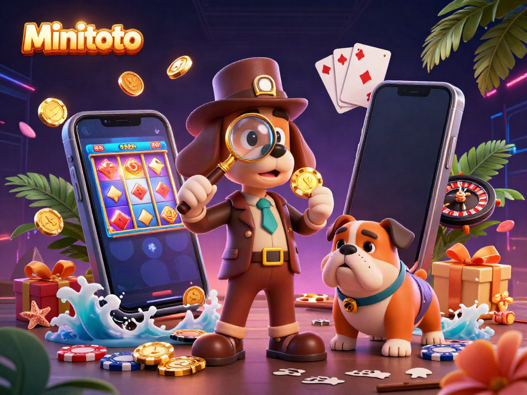 Minitoto merayakan jackpot dengan karakter unik di kasino, smartphone dan permainan slot.