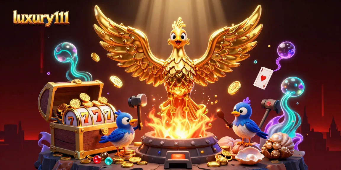 Experience luxury111 with a vibrant illustration of a molten phoenix, slot reels, and underwater treasures.