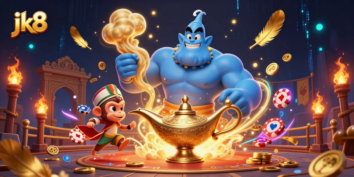 Engage with jk8's magical 3D illustration featuring genie, monkey, and vibrant casino elements.