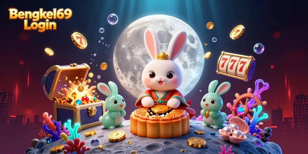 Bengkel69 Login scene showcasing the moon rabbit with poker chips and glowing slot elements around them