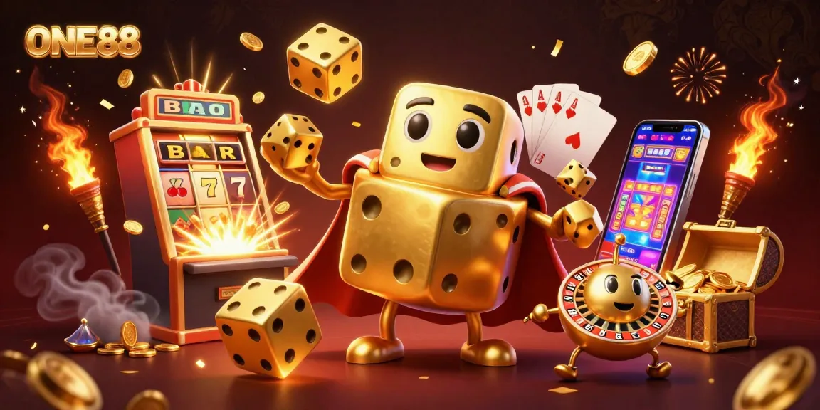 Engage with ONE88's vibrant casino games featuring golden dice, slot machines, and dynamic characters.