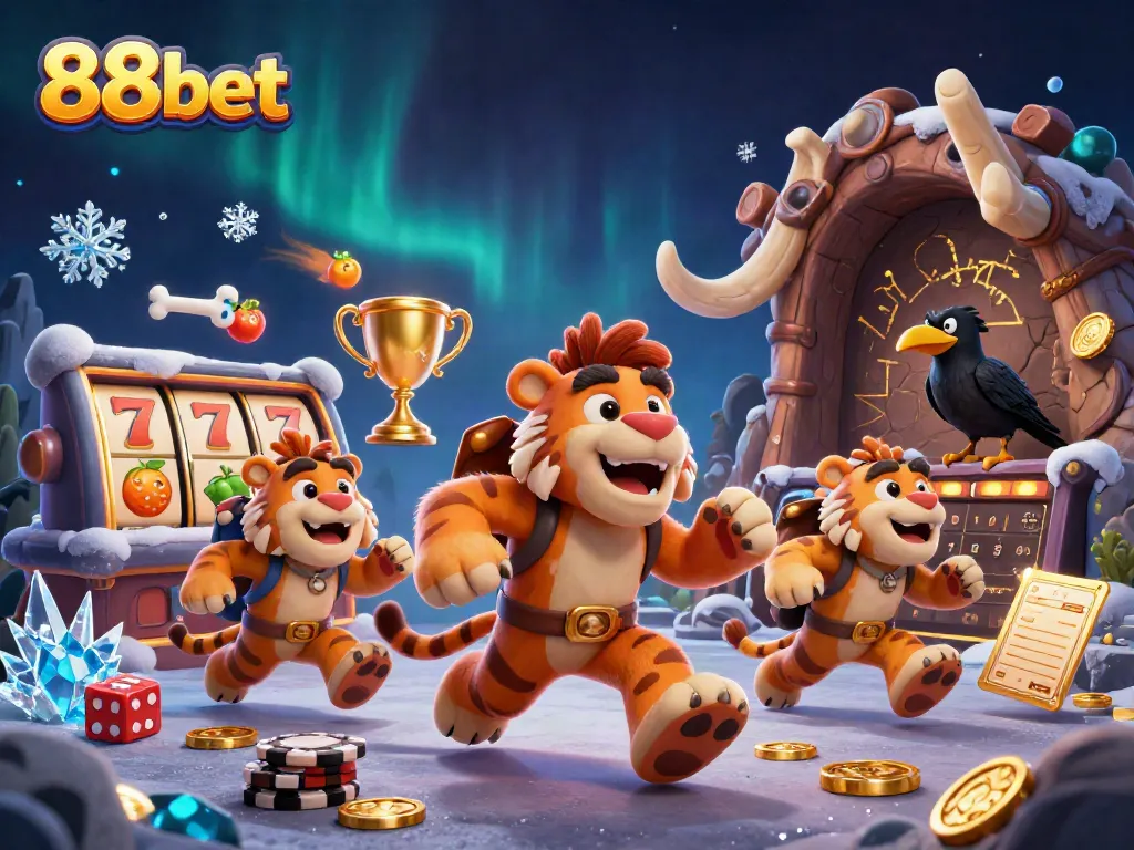 Engage in thrilling gaming with 88bet at a dynamic prehistoric casino featuring cartoon characters.