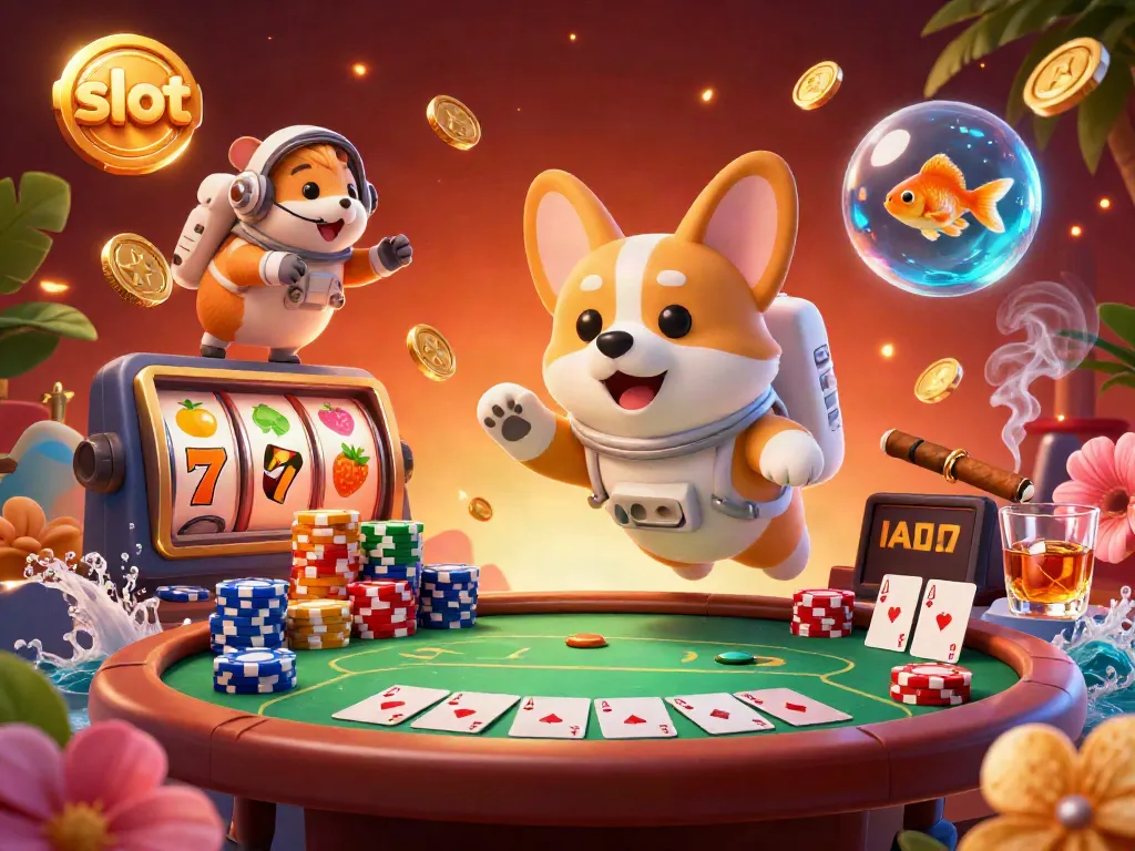 Experience thrilling slot gameplay with the astronaut corgi and vibrant casino atmosphere filled with excitement.