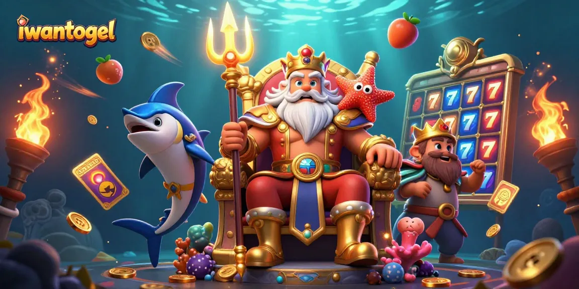 Win big with iwantogel, featuring Neptune and gaming symbols in a vibrant, entertaining scene.