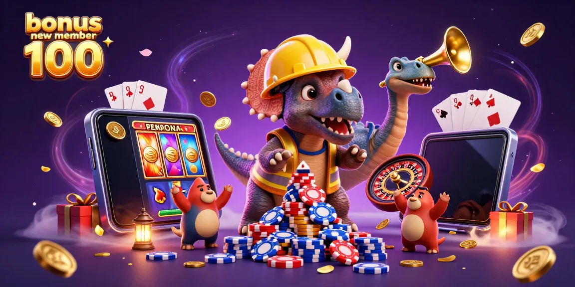 Engaging scene showcasing bonus new member 100 with playful dinosaur characters amidst casino elements.
