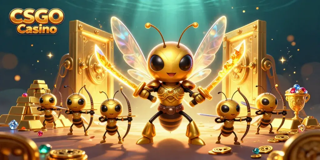 Engaging CSGO Casino scene with a golden hornet warrior and bee archers amidst treasures.